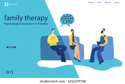 web page design .Reception at the psychologist, family therapy.Family couple sitting on the couch talking to female psychologist. Visit to psychiatrist and depression treatment.vector.