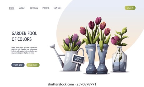 Web page design with rubber boots with tulips and watering can with purple flowers. Spring time, nature, gardening. Vector illustration for banner, website.