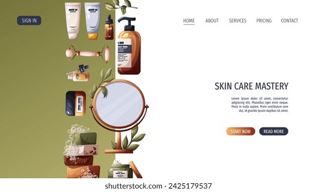 Diseño de página web con conjunto de productos de belleza, cosméticos, espejo. Belleza, cuidado de la piel, cuidado del cuerpo, concepto de limpieza. Ilustración vectorial para banner, póster, sitio web.