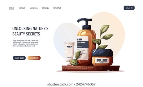 Diseño de página web con conjunto de cremas y otros cosméticos. Belleza, cuidado de la piel, cuidado del cuerpo, concepto de limpieza. Ilustración vectorial para banner, sitio web, póster.