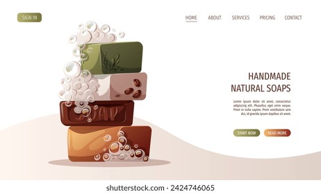 Web page design with set of natural soaps with soapsuds. Beauty, skin care, body care, cosmetic, hygiene concept. Vector illustration for banner, website, poster.