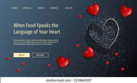 Diseño de páginas web con forma, corazón de galletas, harina. Día de San Valentín, Romance, 14 de febrero, Cocina, Concepto de receta. Ilustración vectorial para banner, afiche, menú, volante, publicidad.