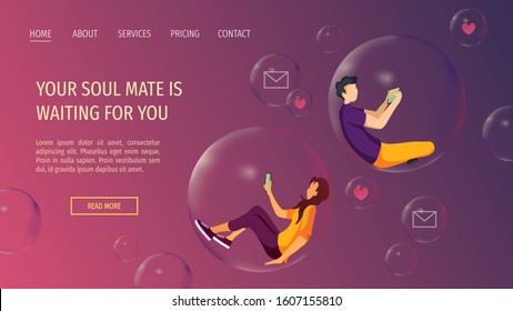 Web page design for Social network, Love and relationships, communication, Valentine's Day. Man and woman in bubbles chatting with each other. Vector illustration for banner, poster, card, website.
