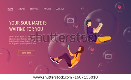Web page design for Social network, Love and relationships, communication, Valentine's Day. Man and woman in bubbles chatting with each other. Vector illustration for banner, poster, card, website.
