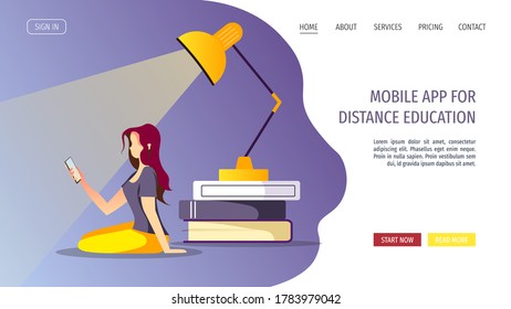 Diseño de páginas web para el estudio, formación en línea, educación a distancia, e-learning, e-book, lectura. La gente con smartphone estudiando. Ilustración vectorial para afiches, banner, sitio web.