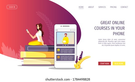 Web page design for Studying, Online training, distance education, e-learning, tutorials and courses. Woman with phone sitting on the book. Vector illustration for poster, banner, website.