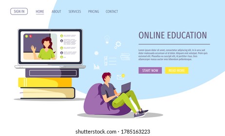 Diseño de páginas web para el estudio, formación en línea, educación a distancia, e-learning, tutoriales y cursos. Laptop, libros y hombre de estudio. Ilustración vectorial para afiches, banner, sitio web.