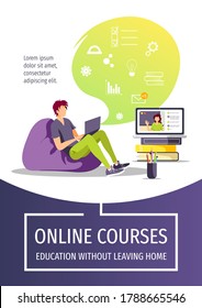 Web page design for Studying, Online training, distance education, e-learning, tutorials and courses. Man with laptop studying. A4 vector illustration for poster, banner, flyer.