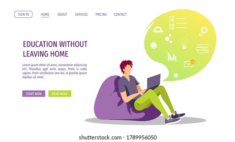 Web page design for Studying, Online training, distance education, e-learning, tutorials and courses. Man with laptop and educational icons. Vector illustration for poster, banner, website.