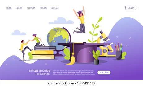 Web page design for Studying, training, education, e-learning, courses, university, graduating. People with graduate caps, educational items. Vector illustration for poster, banner, website.