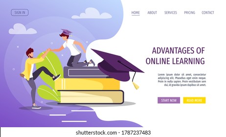 Web page design for Studying, training, education, e-learning, courses, university, graduating. People with graduate caps and books. Vector illustration for poster, banner, website.