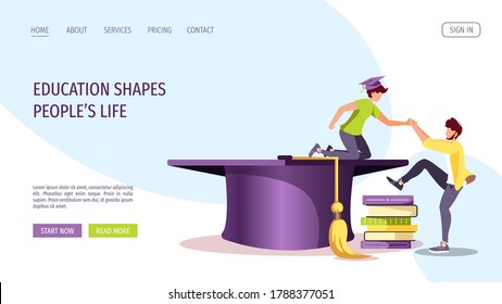 Web page design for Studying, training, education, e-learning, courses, university, graduating. People with graduate caps and books. Vector illustration for poster, banner, website.