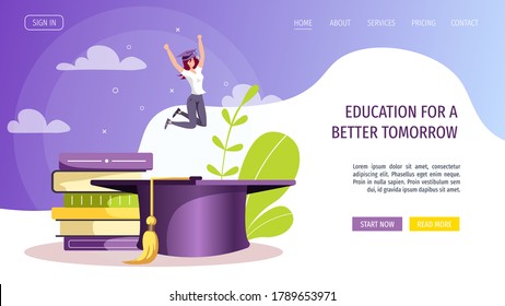 Web page design for Studying, training, education, e-learning, courses, university, graduating. Woman with graduate cap and books. Vector illustration for poster, banner, website.