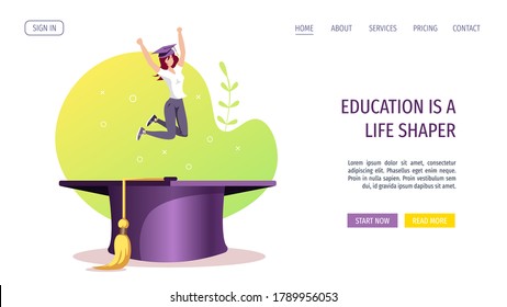 Web page design for Studying, training, education, e-learning, courses, university, graduating. Woman with graduate cap. Vector illustration for poster, banner, website.