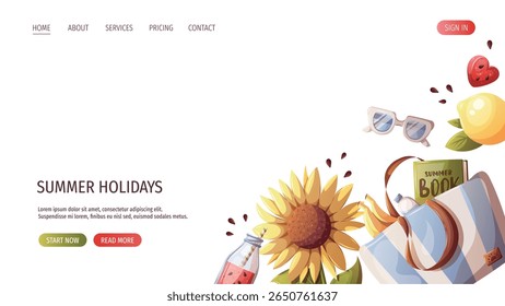 Webseitendesign mit Sonnenblume, Strandtasche, Zitrone, Wassermelone Smoothie, Sonnenbrille. Vektorgrafik für Promo, Website, Banner.