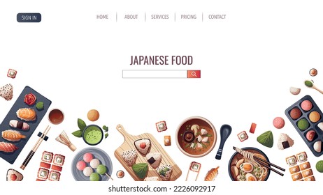 Web page design with Sushi, Miso soup, ramen, onigiri, dango, mochi, matcha tea. Japanese food, healthy eating, cooking, menu concept. Vector illustration. Banner, website, advertising.