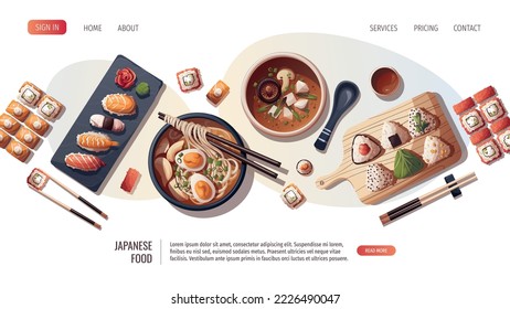 Web page design with Sushi, Miso soup, ramen, onigiri. Japanese food, healthy eating, cooking, menu concept. Vector illustration. Banner, website, advertising.