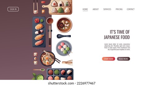 Web page design with Sushi, Miso soup, ramen, onigiri, dango, mochi, matcha tea. Japanese food, healthy eating, cooking, menu concept. Vector illustration. Banner, website, advertising.