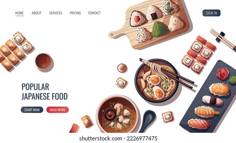 Diseño de páginas web con sushi, sopa miso, ramen, onigiri. Comida japonesa, comida saludable, cocina, concepto de menú. Ilustración vectorial. Cartel, sitio web, publicidad.