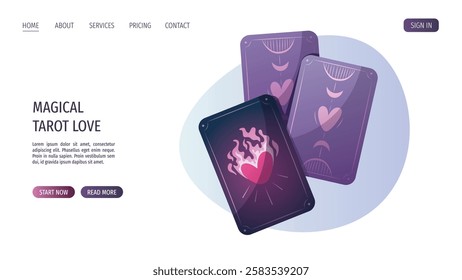 Web page design with tarot cards. Romantic, magic love, esoteric concept. Vector illustrations for banner, poster, website.