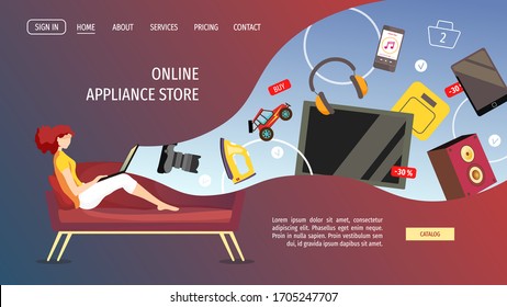 Web Page Design Template For Appliance Store, Online Shopping, Home Delivery. Young Woman Sitting On The Sofa And Ordering Products. Vector Illustration For Poster, Banner, Website, Commercial.