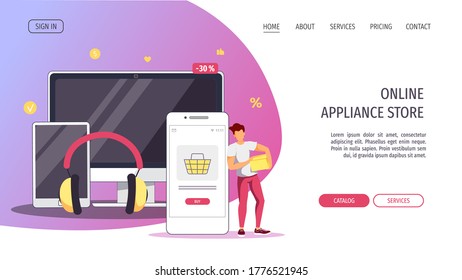 Plantilla de diseño de página web para almacén de dispositivos, compras en línea, entrega en casa, comercio electrónico, marketing móvil. Ilustración vectorial para afiches, banner, sitio web, comercial.