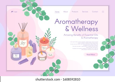 Web page design template for aromatherapy treatment,home fragrances,spa,wellness,natural products,herbal therapy,self care.Vector illustration concept for website,mobile website.Landing page layout.