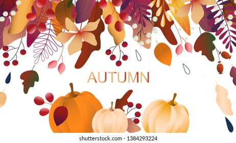 Web page design template with autumn leaves, pumpkin. Modern vector illustration for website, landing, poster, card, banner. 