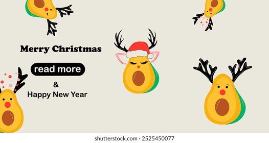 Web page design template. Avocado with Christmas accessories. Santa hat, deer horns. Vector illustration for poster, banner, website development.