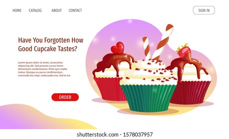 Web page design template for Bakery, Bakeshop, Dessert, Birthday, Recipes. Sweet cupcakes with different toppings. Vector illustration for banner, advertising, website, poster, flyer.