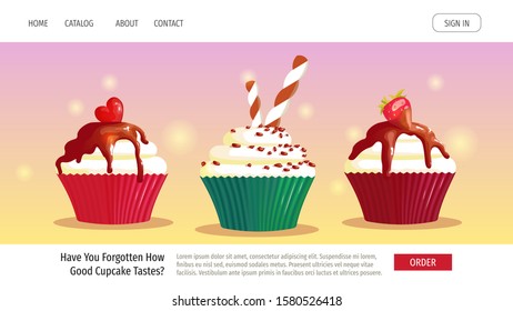 Web page design template for Bakery, Bakeshop, Dessert, Birthday, Recipes. Three Sweet cupcakes with different toppings. Vector illustration for banner, advertising, website, poster, menu, flyer.