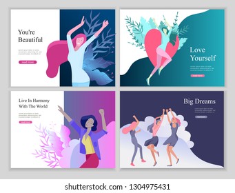 Plantilla de diseño de páginas web para sueños de belleza, Día Internacional de la Mujer, poder de las niñas, bienestar, cuidados corporales, vida saludable, diseño de concepto de ilustración vectorial para el desarrollo de sitios web y sitios web móviles
