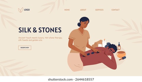 Web page design template for beauty spa. Therapist providing a hot stone therapy session on a mans back. Hand drawn vector illustration.