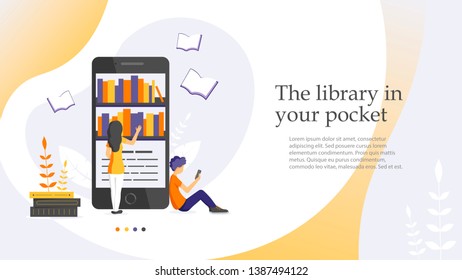 Web page design template for bibliophiles, booklovers, pocket library, modern technologies, reading apps. Vector illustration concept for website and mobile website development.