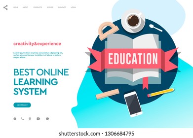 Web page design template for book library, online learning, education. Modern vector illustration concept for website and mobile website development. 