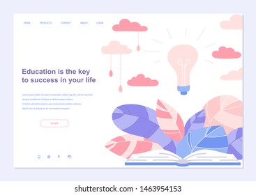 Web page design template with book, leaves and lightbulb for education, consulting, college. Modern vector illustration concept for website and mobile website development