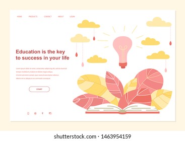 Web page design template with book, leaves and lightbulb for education, consulting, college. Modern vector illustration concept for website and mobile website development
