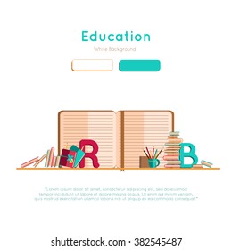 web page design template with books. Education, graduation, training material study, reading  book, back in school. Flat design graphic image learning concept, website elements layout. Vector