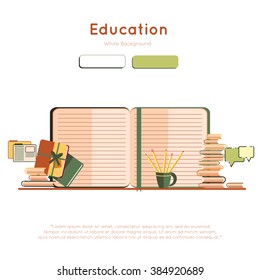 web page design template with books. Education, graduation, training material study, reading book, back in school. Flat design graphic image learning concept, website elements layout. Vector