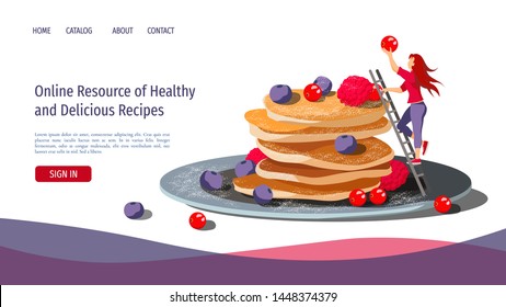 Web page design template for breakfast, healthy cooking, Recipes. Pancakes and woman on the stairs. Vector illustration for poster, banner, website development.