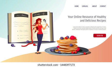 Web page design template for Breakfast, Recipe Book, healthy cooking. Pancakes, open book and woman standing with spoon. Vector illustration for poster, banner, website development.