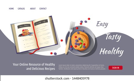 Web page design template for breakfast, healthy cooking, recipes. Plate with pancakes and recipe book. Vector illustration for poster, banner, website development.