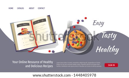 Web page design template for breakfast, healthy cooking, recipes. Plate with pancakes and recipe book. Vector illustration for poster, banner, website development.