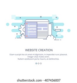 Web page design template of Building and Designing website, web page building process, interface building process. Flat layout style, business concept web vector illustration.