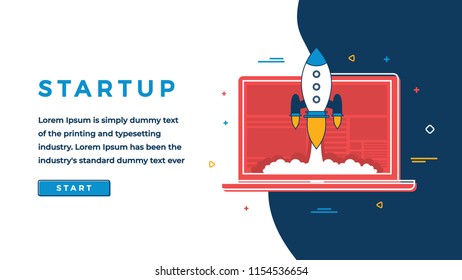 Web Page Design Template for Business, Finance and Marketing. Startup Business Concept.  Flat Vector Illustration of Laptop with Rocketship. Modern Vector Illustration Concept for Websites and Sliders