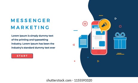 Web Page Design Template for Business, Finance and Marketing. Messenger Marketing Concept. Flat Vector Smartphone with Different Icons.Modern Vector Illustration Concept for Websites and Sliders