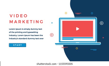 Web Page Design Template for Business, Finance and Marketing. Video Marketing Business Concept. Flat Vector Illustration of Laptop with Video Player. Modern Vector Illustration Concept for Websites 