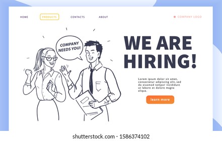 Web page design template with business people isolated, employment and recruitment concept. Hand drawn sketch doodle style. UI, UIX, mobile app. Vector illustration.