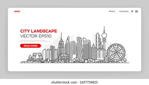 Web page design template for business and tourism. Modern City landscape vector illustration concept for website and mobile website development. Thin line City landscape with left focus of attention.