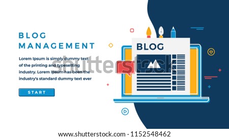 Web Page Design Template for Business, Finance and Marketing. Blog Management Concept.  Laptop with Blog Flat Line Art. Modern Vector Illustration Concept for Websites and Sliders